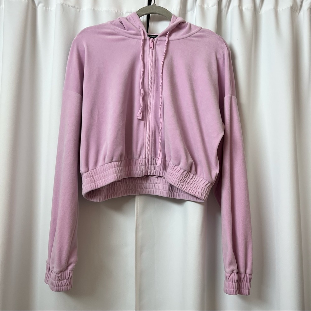 F21 Kawaii Pastel Lilac Purple Semi Crop Velour Y2K Hoodie Sweatshirt Size Large